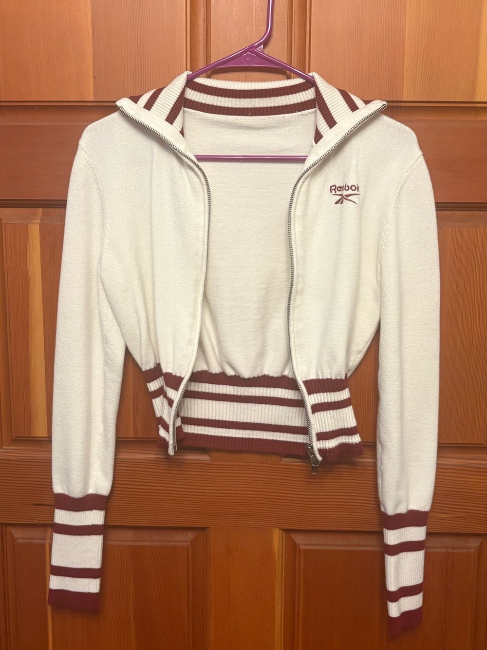Reebok Cream Zip Hoodie with Maroon Stripe Accents